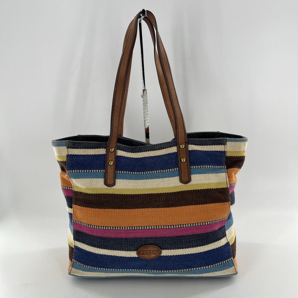 Fossil Large Tote Woven Canvas Striped‎ Leather Handles Studs Authentic Original